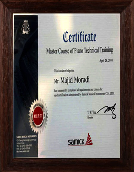 Certifiacte - Master Course of Piano Technical Training - Majid moradi